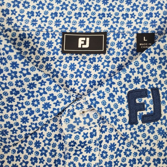 FJ FootJoy Allover Floral Lisle Polo shirt Large Marine White PGA Golf Club - Picture 5 of 12